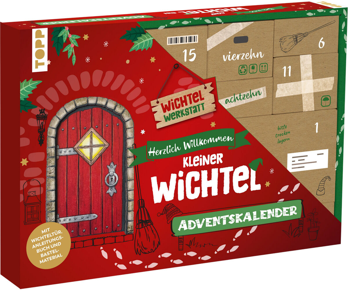 Auf dem Bild ist der Adventskalender „Herzlich Willkommen, kleiner Wichtel“ der Marke TOPP zu sehen. Die Verpackung zeigt eine rote Wichteltür und weihnachtliche Illustrationen. Beige Felder präsentieren nummerierte Türchen, die Bastelmaterial und Anleitungen enthalten.