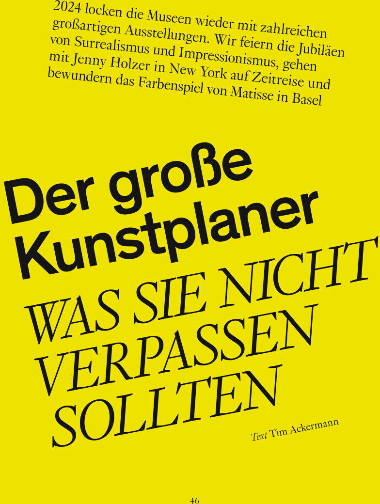 Cover des Sonderhefts 'WELTKUNST 222/23 - Reisen zur Kunst' mit gelbem Hintergrund und schwarzem Text. Der Titel 'Der große Kunstplaner' ist prominent dargestellt. Weitere Beschriftungen informieren über ansprechende Kunstreisen und Ausstellungen.