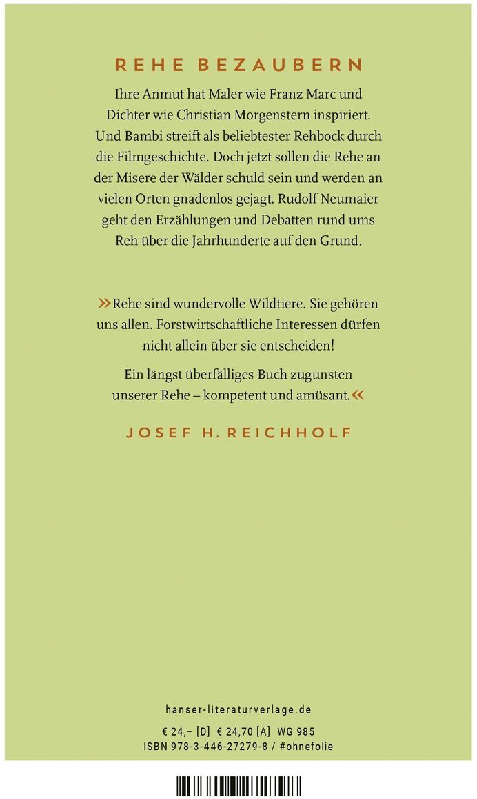 Rückseite des Buches 'Das Reh' von Rudolf Neumaier mit Text über die Faszination von Rehen und Einflüsse durch Christian Morgenstern. Gelber Hintergrund mit schwarzem und braunem Text.