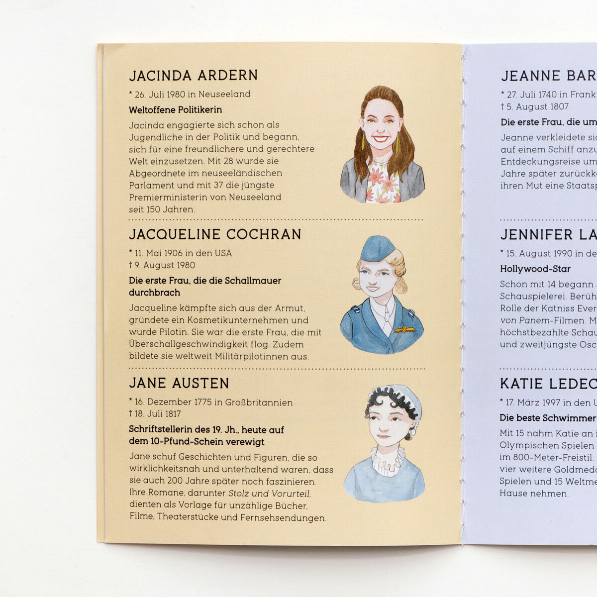 Eine Doppelseite des Bildungsmaterials 'Bingo »Super Frauen«', das Kurzbiografien und Illustrationen von sechs berühmten Frauen zeigt, darunter Jacinda Ardern, Jeanne Baré, Jacqueline Cochran, Jennifer Lawrence, Jane Austen und Katie Ledecky.