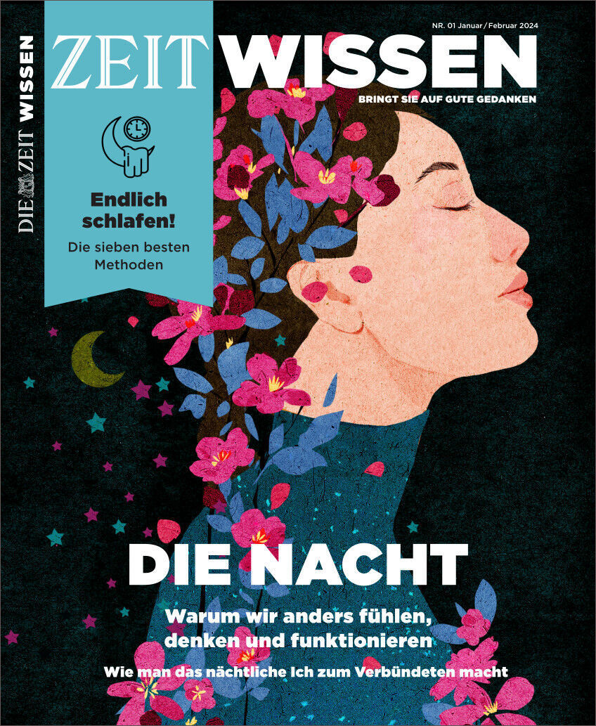 Das ZEIT WISSEN Magazin 1/24 mit dem Titel 'Die Nacht' zeigt eine Illustration einer Frau, die mit geschlossenen Augen und umgeben von rosa Blüten vor einem schwarzen Hintergrund dargestellt ist. Texte auf dem Cover verkünden Themen wie Schlafmethoden und die nächtliche Denkweise.