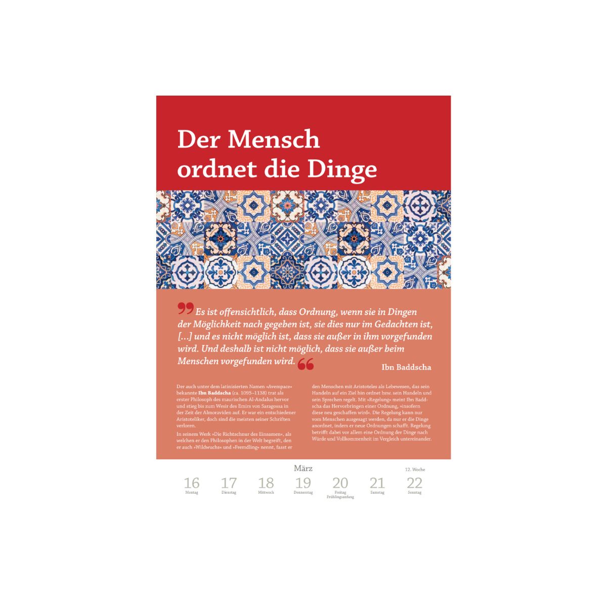 Kalenderseite mit rot-weißer Überschrift 'Der Mensch ordnet die Dinge', darunter geometrische Muster in Blau und Weiß, gefolgt von einem Zitat zum Thema Ordnung.