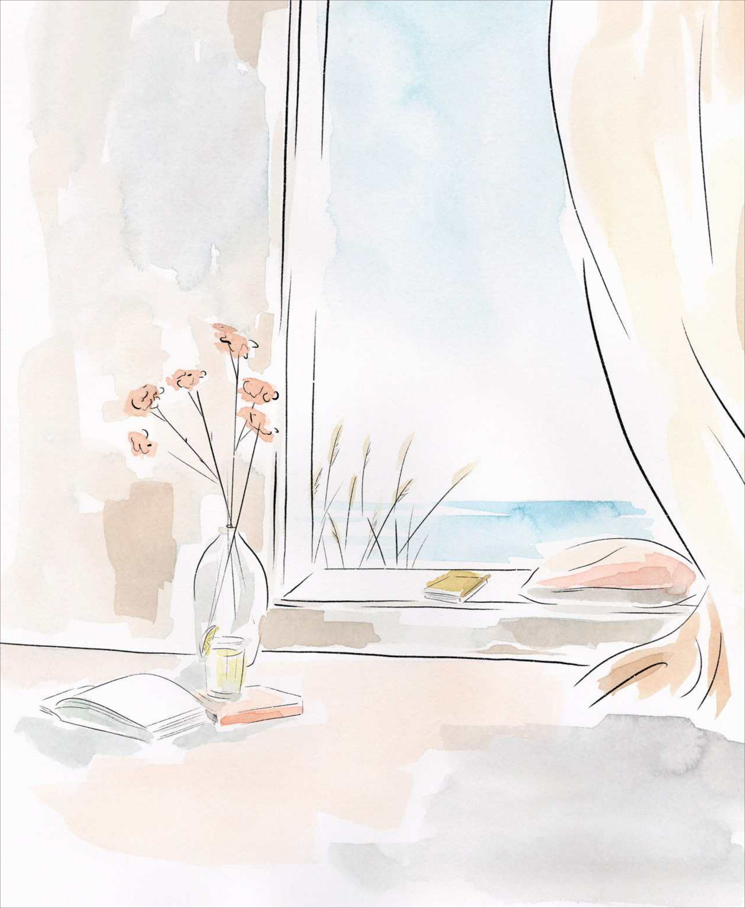 Aquarellillustration eines ruhigen Innenraums mit Blick aufs Meer durch ein Fenster, eine geöffnete Zeitschrift, Vase mit Blumen und sanft fallendem Licht; betont eine entspannte und friedliche Atmosphäre.