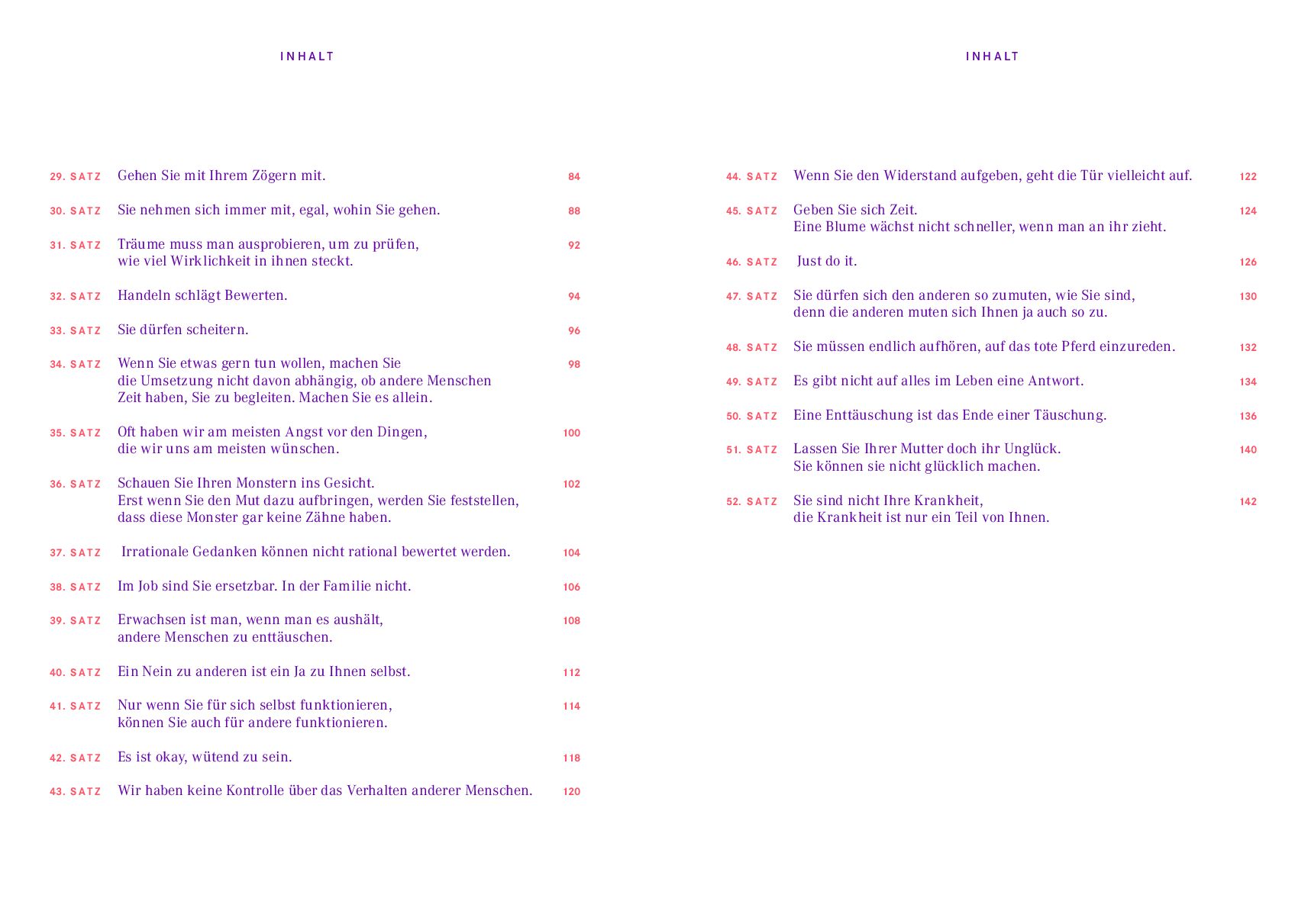 Foto eines geöffneten Buchs mit dem Titel »In der Komfortzone wächst nichts.«. Sichtbar sind zwei Inhaltsverzeichnis-Seiten mit Kapiteltiteln in violetter und pinker Schrift auf weißem Hintergrund.