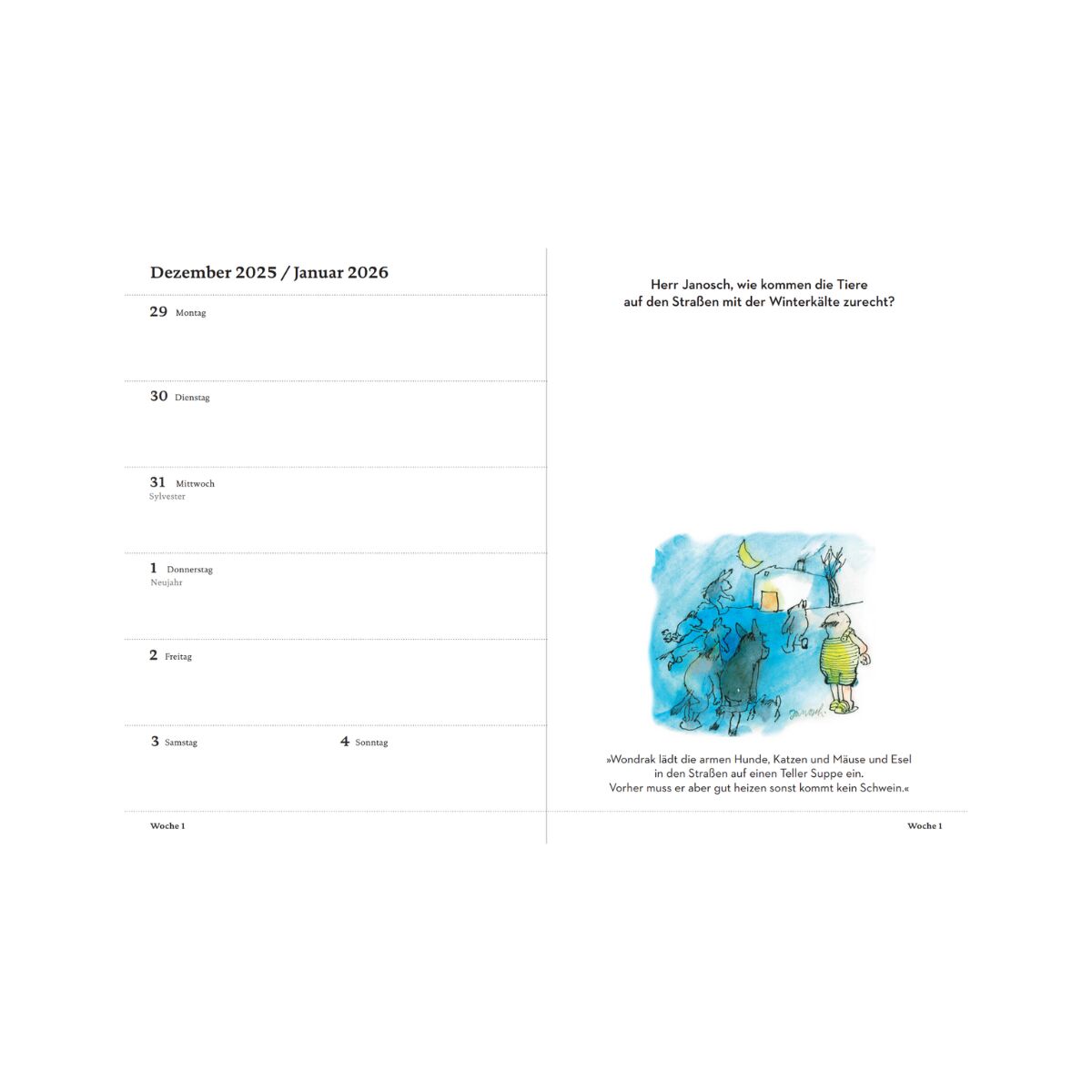 Offener Taschenbuchkalender 'Wondrak für alle Lebenslagen' mit einer Wochenübersicht für Dezember 2025/Januar 2026 auf der linken Seite. Rechts eine humorvolle Illustration mit einer winterlichen Szene, die blaue und grüne Farbtöne zeigt. Der Hintergrund ist weiß mit schwarzen Texten.