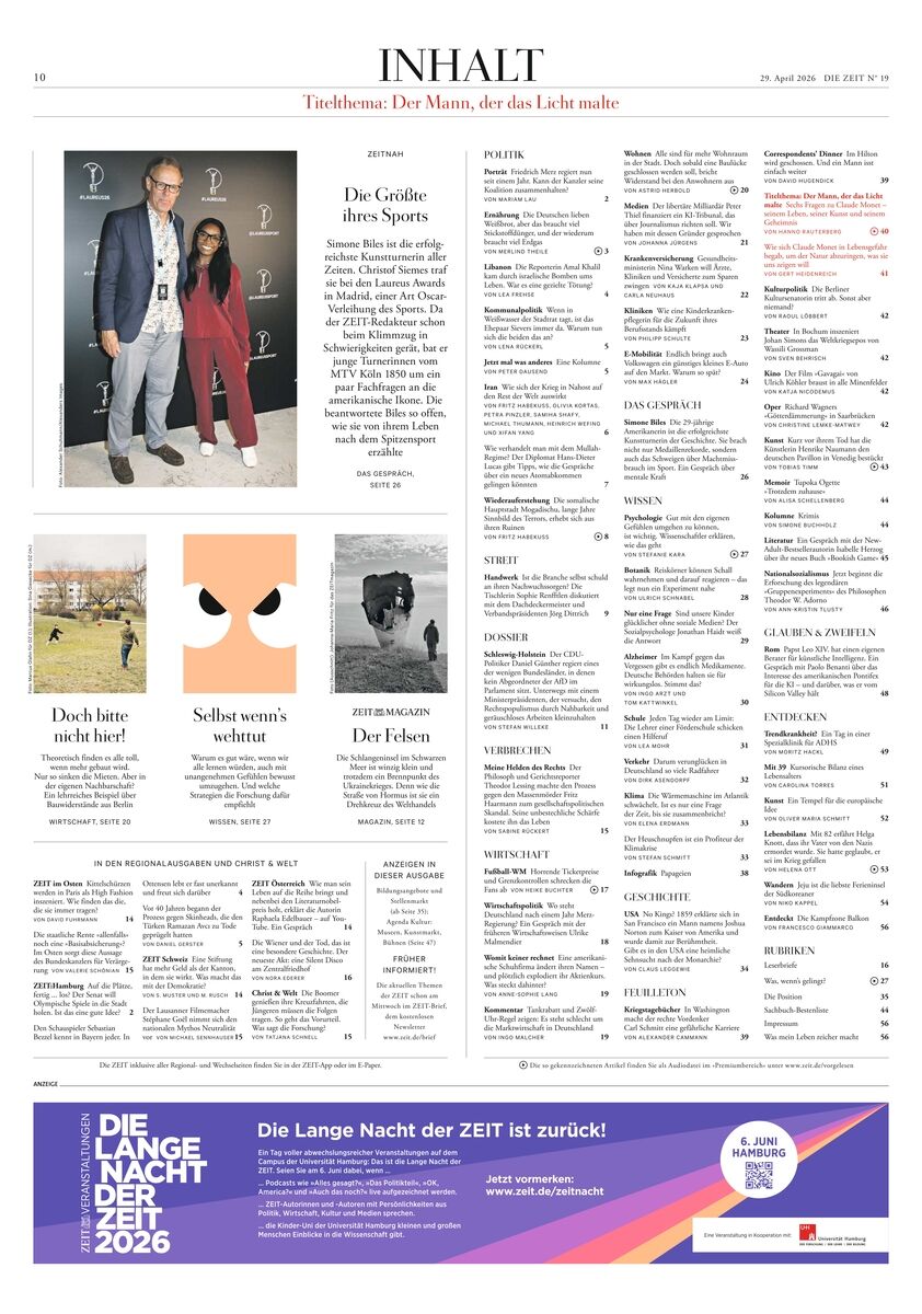 Detailreiche Zeitungsseite der DIE ZEIT Ausgabe 19/2026 mit Inhaltsverzeichnis, Bildern, Textausschnitten und Vorschauartikeln. Oben Bild von zwei Menschen auf einem Event, unten violetter Werbebanner zur Veranstaltung 'Die lange Nacht der ZEIT 2026'. Elegante, aufgeräumte Gestaltung.