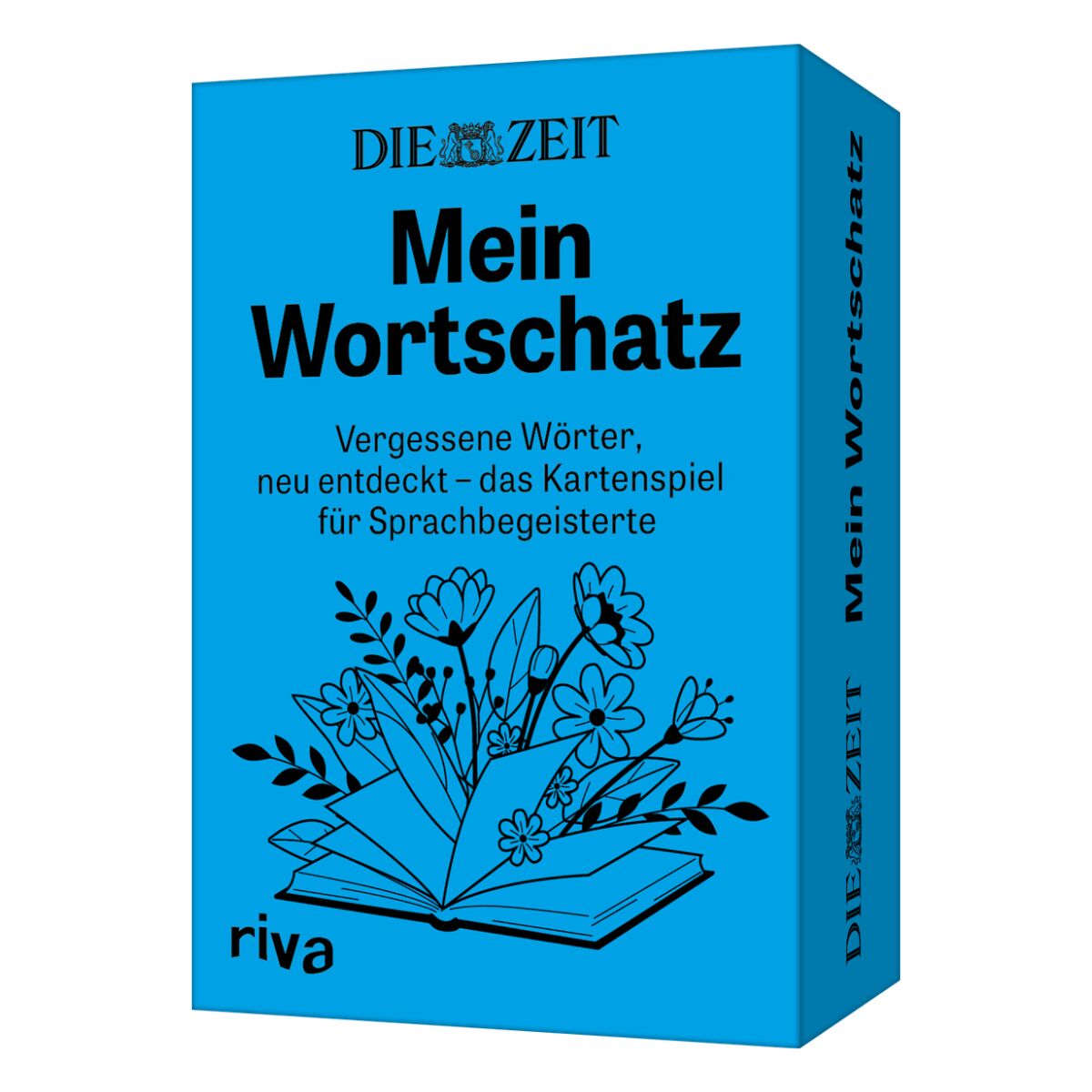 Auf dem Bild ist eine blaue Kartenspielschachtel mit der Aufschrift „Mein Wortschatz – Vergessene Wörter, neu entdeckt – das Kartenspiel für Sprachbegeisterte“ zu sehen. Die Vorderseite der Schachtel zeigt ein gezeichnetes offenes Buch mit stilisierten Blumen und Blättern. Das Design ist schlicht und übersichtlich, mit schwarzer und weißer Schrift sowie einem kleinen riva-Logo unten links.
