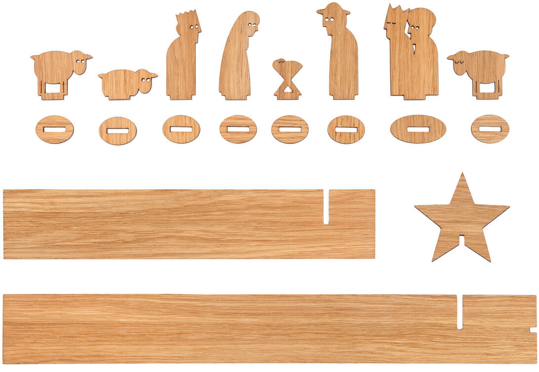 Die Abbildung zeigt eine minimalistische Weihnachtskrippe namens 'Simply Christmas' aus Holz. Die Krippe besteht aus flachen Holzfiguren, darunter Maria, Josef, das Jesuskind, drei Könige und vier Tiere. Ebenfalls enthalten sind ovale Holzsockel für die Figuren, zwei lange Holzteile zur Montage der Krippe und ein Holzstern.