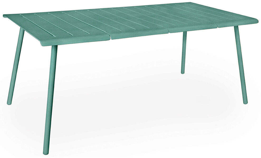 Ein grüner Tisch der Marke VAPIO mit einer Größe von 180x90 cm, ideal für Esszimmer, Wohnzimmer oder Außenterrassen. Modernes und rechteckiges Design.