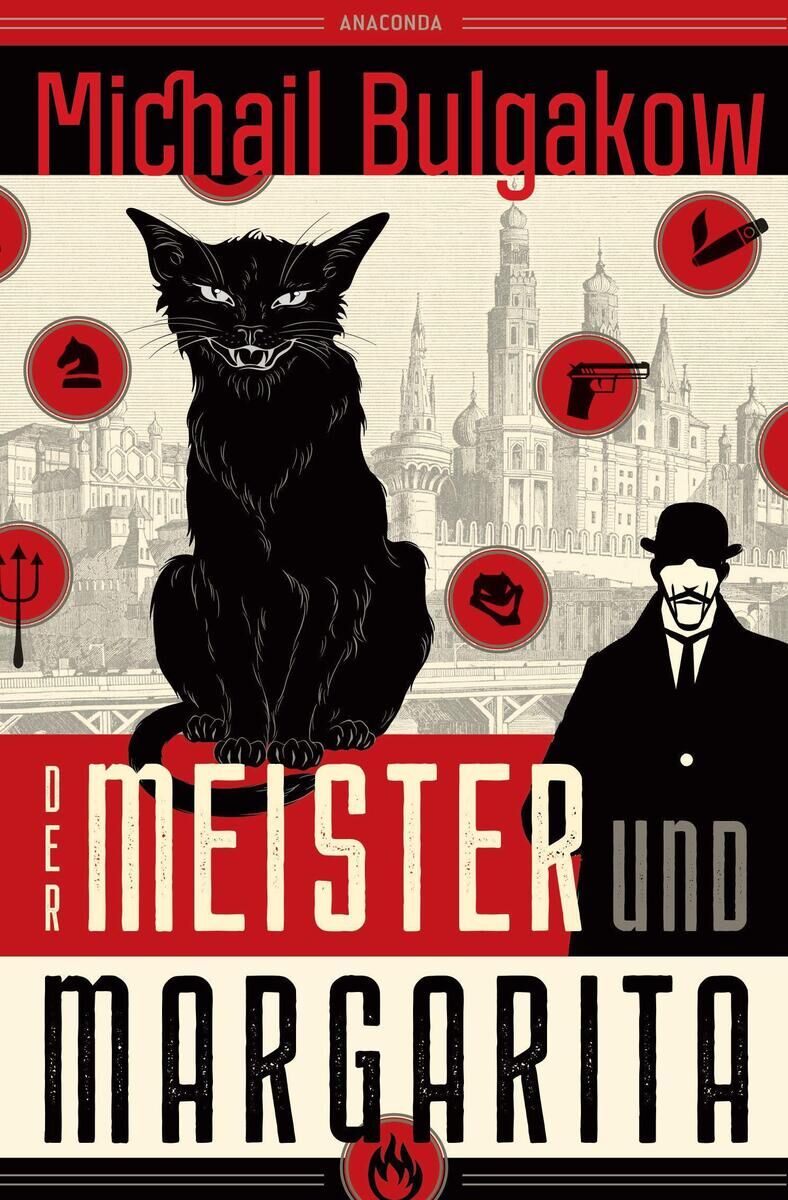 Cover des Buches 'Der Meister und Margarita' von Michail Bulgakow. Eine große schwarze Katze und eine silhuettierte männliche Figur vor einer stilisierten Stadtlandschaft. Die Hauptfarben sind Rot, Schwarz, Weiß und Beige.