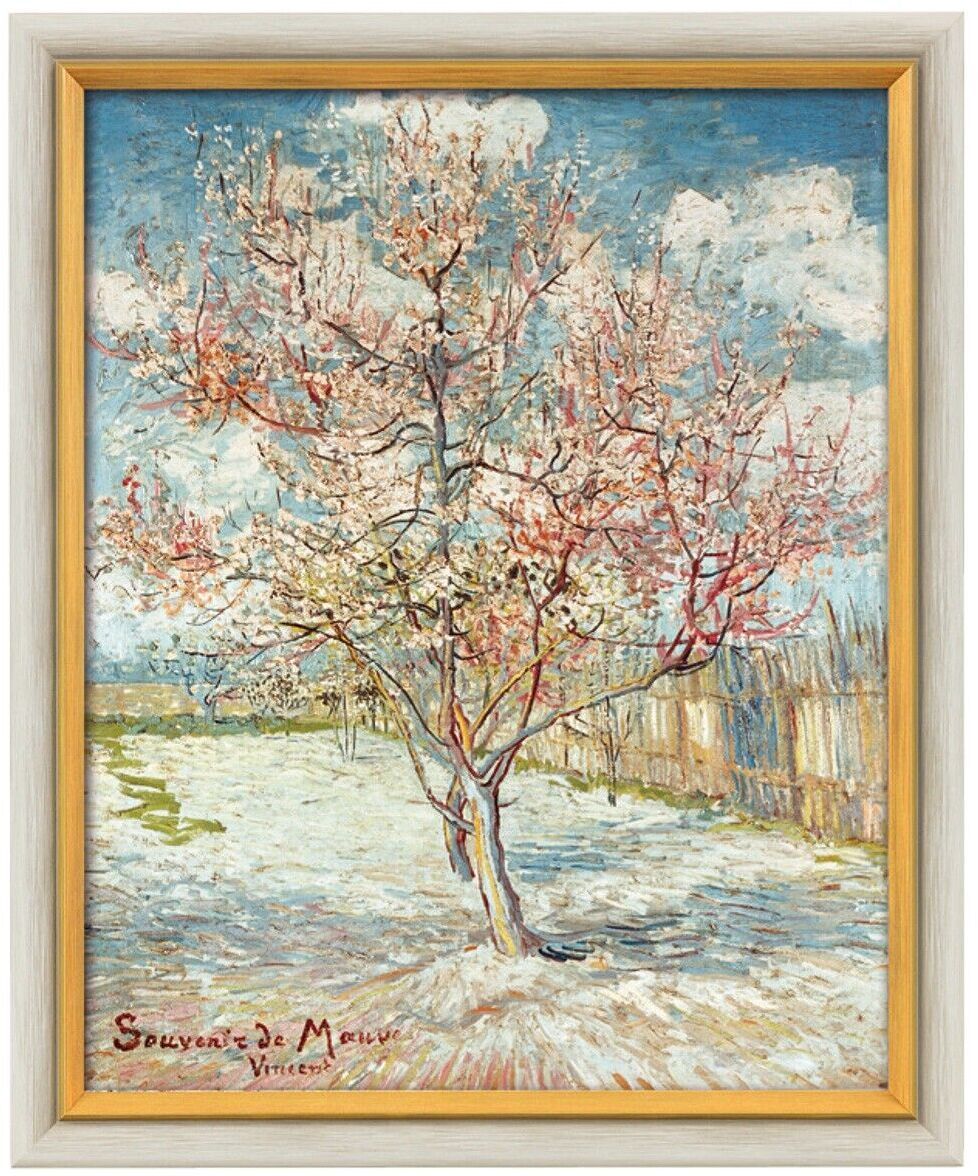 Ölgemälde von Vincent van Gogh, genannt »Blühender Pfirsichbaum« aus dem Jahr 1888. Das Gemälde zeigt einen Baum mit rosa und weißen Blüten in einer von einem Holzzaun begrenzten Landschaft. Der Himmel ist blau mit einigen weißen Wolken.