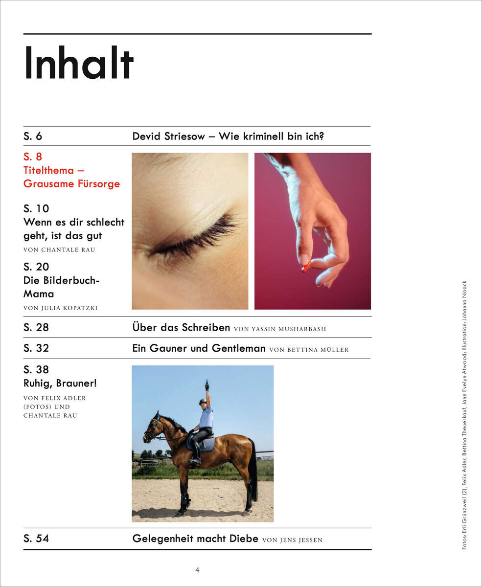 Inhaltsverzeichnis und Cover der Zeitschrift ZEIT VERBRECHEN 11/21 mit verschiedenen Artikeln über Kriminalfälle, Tierquälerei und Gesellschaft. Bild von einer Person, die ein Pferd reitet, und Nahaufnahme eines schlafenden Auges.
