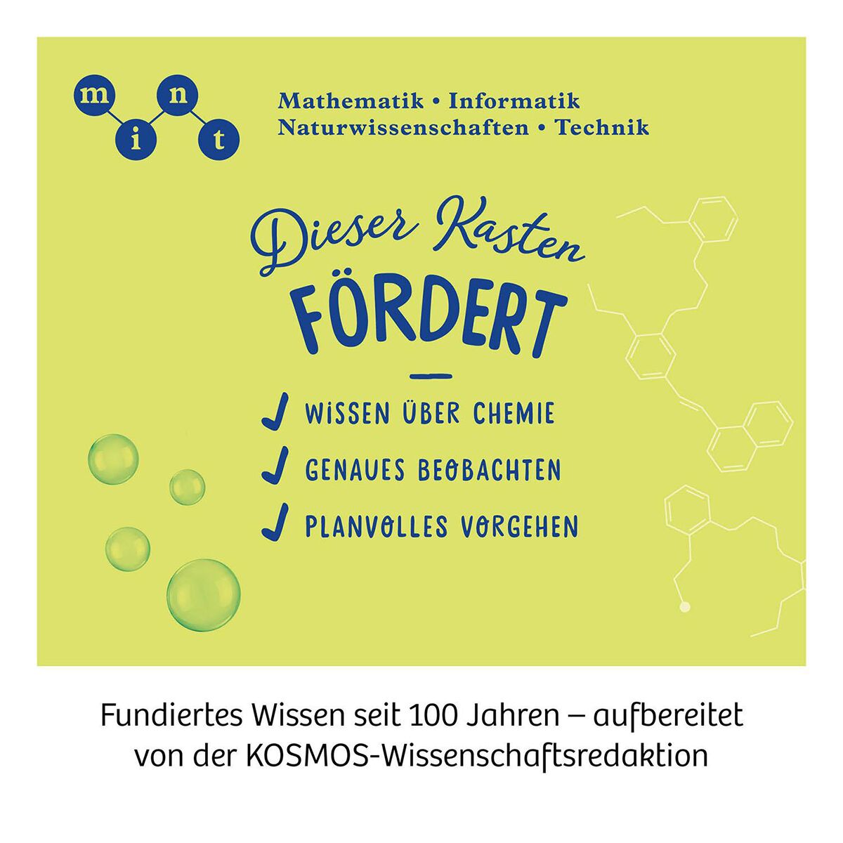Abbildung eines Kasten-Covers mit dem Titel 'Big Fun Chemistry', gestaltet in hellgrün mit blauer und weißer Schrift sowie chemischen Illustrationen. Der Text hebt die Förderung von Chemiewissen, Beobachtungsfähigkeit und planvollem Vorgehen hervor. Geeignet für Kinder, die sich für Wissenschaft und Experimentieren interessieren.