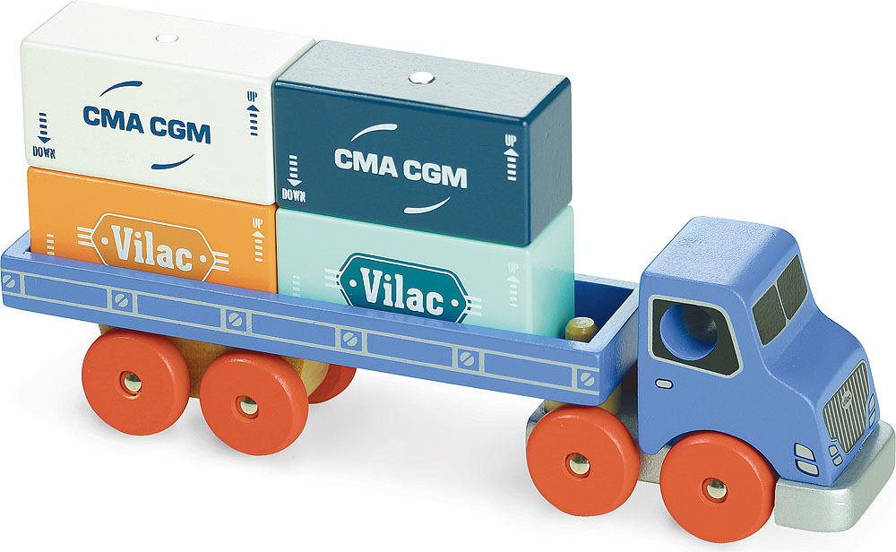 Ein Container-LKW aus Holz der Marke Vilacity. Das Spielzeug ist in Blau, Orange, Weiß und Grau bemalt und hat ein detailreiches Design mit aufgedruckten Unternehmenslogos auf den Containern. Ideal für Kinder, um ihre Feinmotorik und Kreativität zu entwickeln.