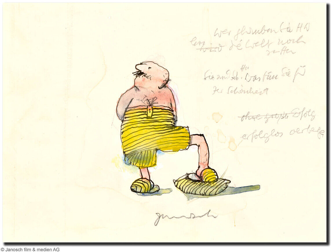 Eine humorvolle Illustration von Janosch zeigt einen Charakter in gelben Streifenhosen, der auf einem Holzblock steht. Der Stil ist leicht und aquarellartig mit handschriftlichen Notizen und Unterschrift des Künstlers auf dem Bild.