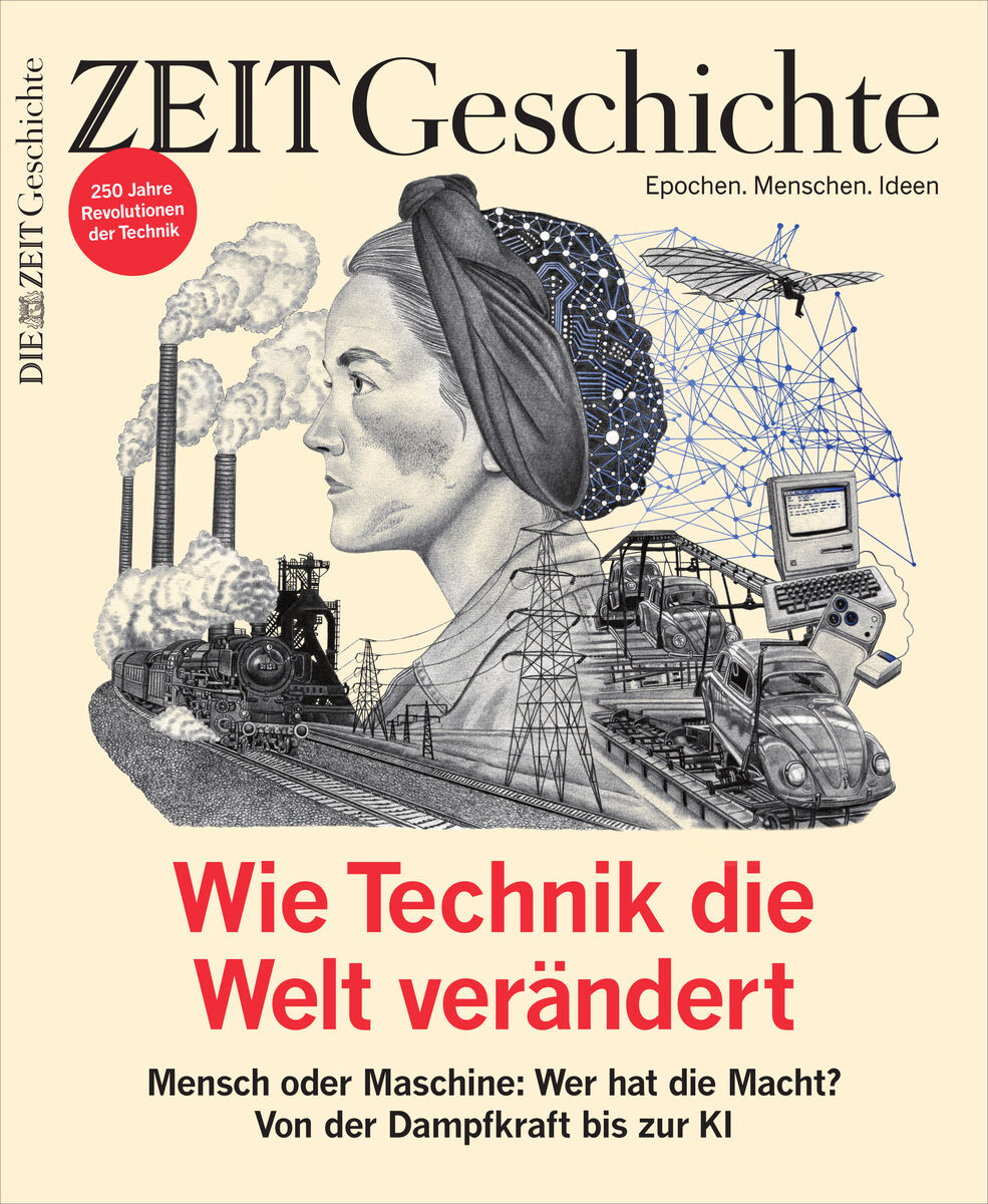 Magazin-Cover ZEIT GESCHICHTE 5/26: Im Mittelpunkt eine Frau mit technischen Motiven wie Zahnrädern, umgeben von Industrie- und Technikgeschichte – Dampfmaschine, Computer, Stromnetz, Flugzeug. Titel: Wie Technik die Welt verändert. Rote und schwarze Schrift auf beigem Hintergrund.