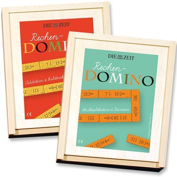 Rechendomino-Spiel von DIE ZEIT mit zwei Holzboxen, einem grünen und einem roten Deckblatt. Das Spiel beinhaltet Dominosteine mit mathematischen Aufgaben zur Addition, Subtraktion, Multiplikation und Division.