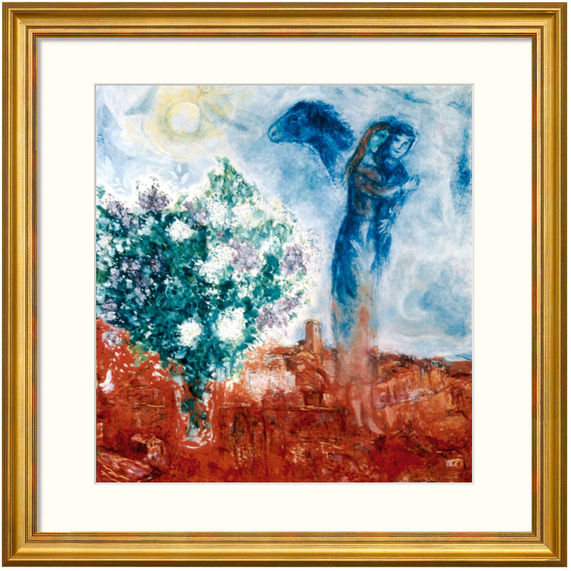 Ein Gemälde von Marc Chagall mit dem Titel »Die Liebenden über St. Paul«, 1970-71. Es zeigt ein Liebespaar, das auf eine Stadtlandschaft herabblickt. Das Bild enthält verschiedene Farben, darunter Blau, Rot, Weiß, Grün und Gelb.