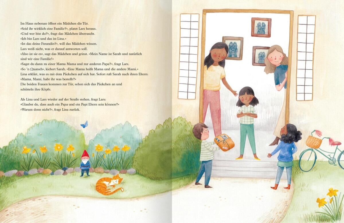 Eine farbenfrohe Illustration von einer Familie, die sich herzlich in einem Garten vor einem Haus trifft. Zwei Erwachsene stehen in der Haustür, während drei Kinder sich freuen, sich wiederzusehen. Im Vordergrund sind verschiedene Gartenblumen, ein Fahrrad, und ein schlafender Hund zu sehen.
