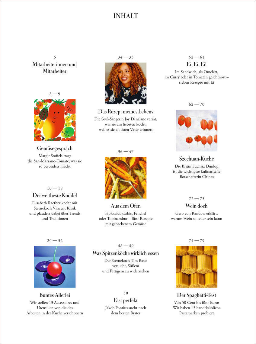 Bild des Inhaltsverzeichnisses der ZEITmagazin WOCHENMARKT Ausgabe 1/21. Das Inhaltsverzeichnis enthält eine Liste von Artikeln und deren Beschreibungen mit farbigen Bildern und Text. Themen sind unter anderem Eier, Gemüsesprache, Buntes Allerlei und Spaghetti-Test. Die Hintergrundfarbe ist weiß.