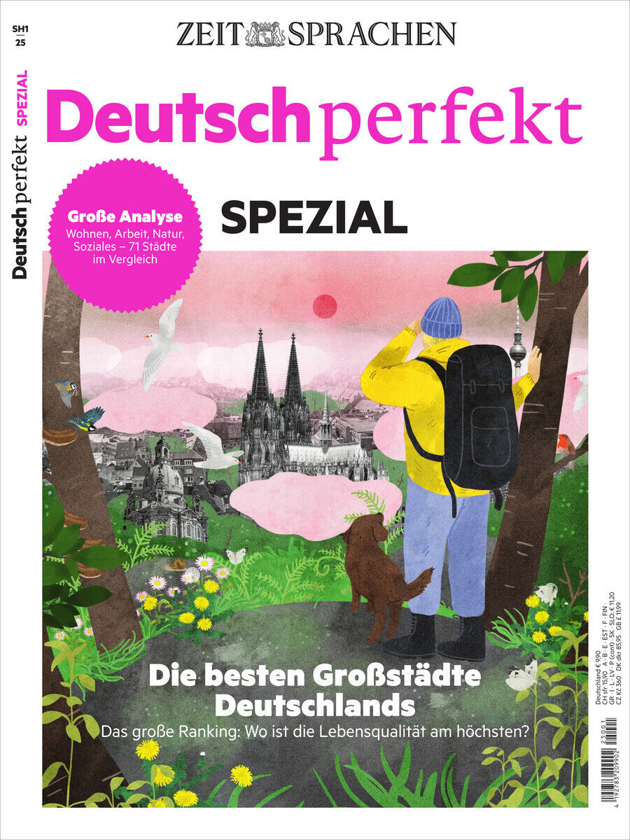 Das Cover der Zeitschrift Deutsch perfekt Magazin 4/2025 Sonderausgabe zeigt eine Illustration eines Reisenden in gelber Jacke, der in einer Landschaft mit Natur und einer Stadtsilhouette im Hintergrund steht. Die Dominanz von Pink und Grün akzentuiert das künstlerische Design, das den Fokus auf deutsche Großstädte und Kultur legt.
