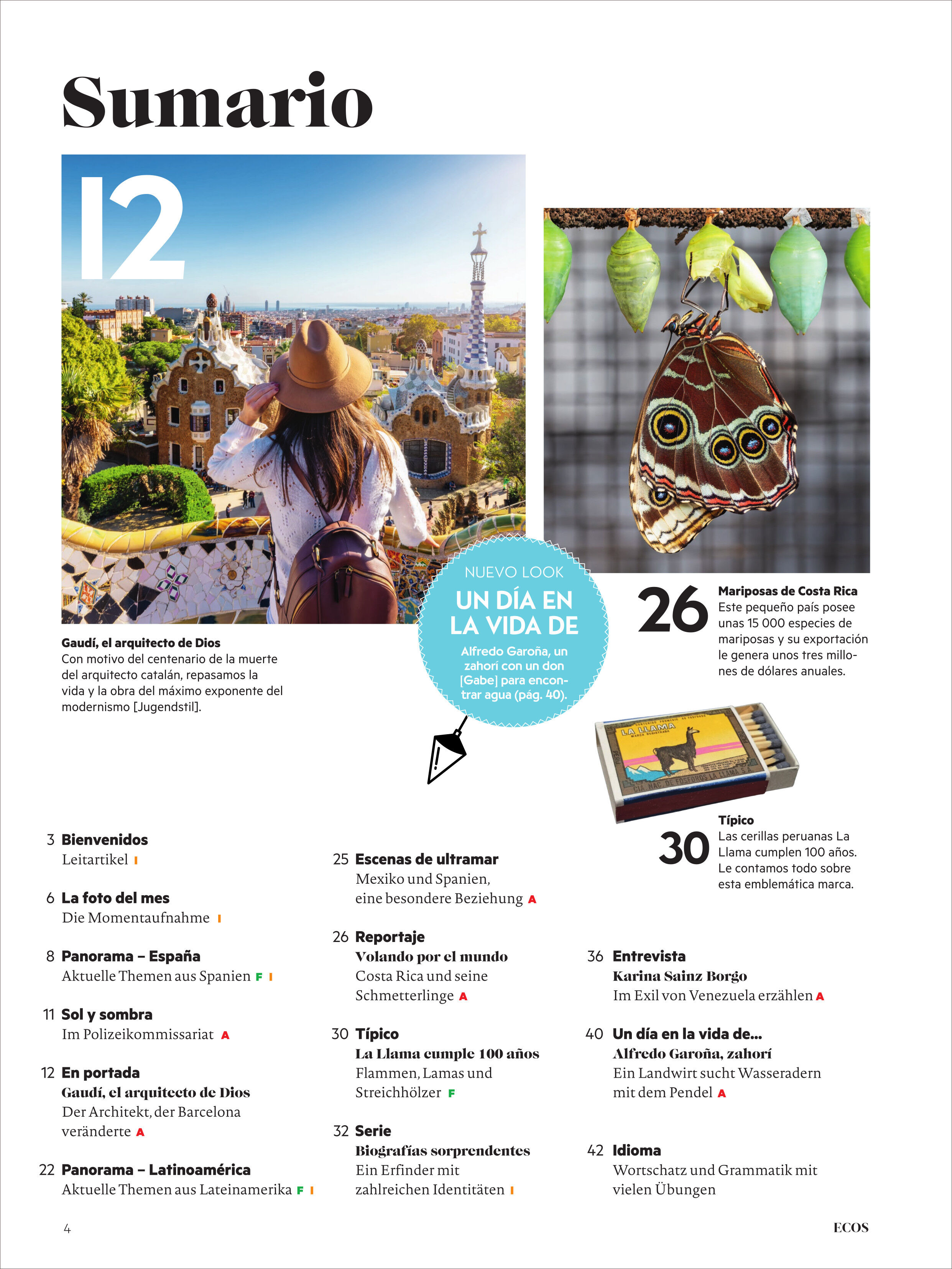 Detailreiche Inhaltsverzeichnis-Seite eines spanischsprachigen Magazins mit großem "Sumario"-Schriftzug, Fotos einer Frau mit Hut vor holländischen Häusern, einer Schmetterlingspuppe und einem Brettspiel. Es gibt strukturierte Textabschnitte zu verschiedenen Themen und Reportagen rund um Spanien und Lateinamerika.