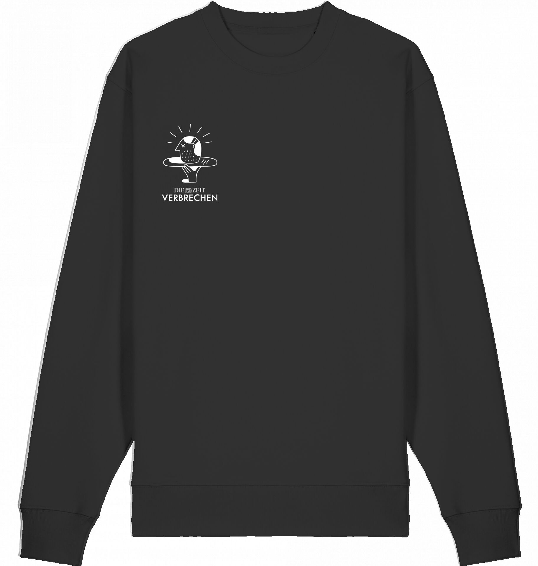 Schwarzer Hoodie mit kleinem, weißem ZEIT-Verbrechen-Logo und stilisiertem Mikrofon auf der linken Brustseite. Der Pullover ist schlicht gestaltet und eignet sich als Fanartikel für Liebhaber des True-Crime-Podcasts.