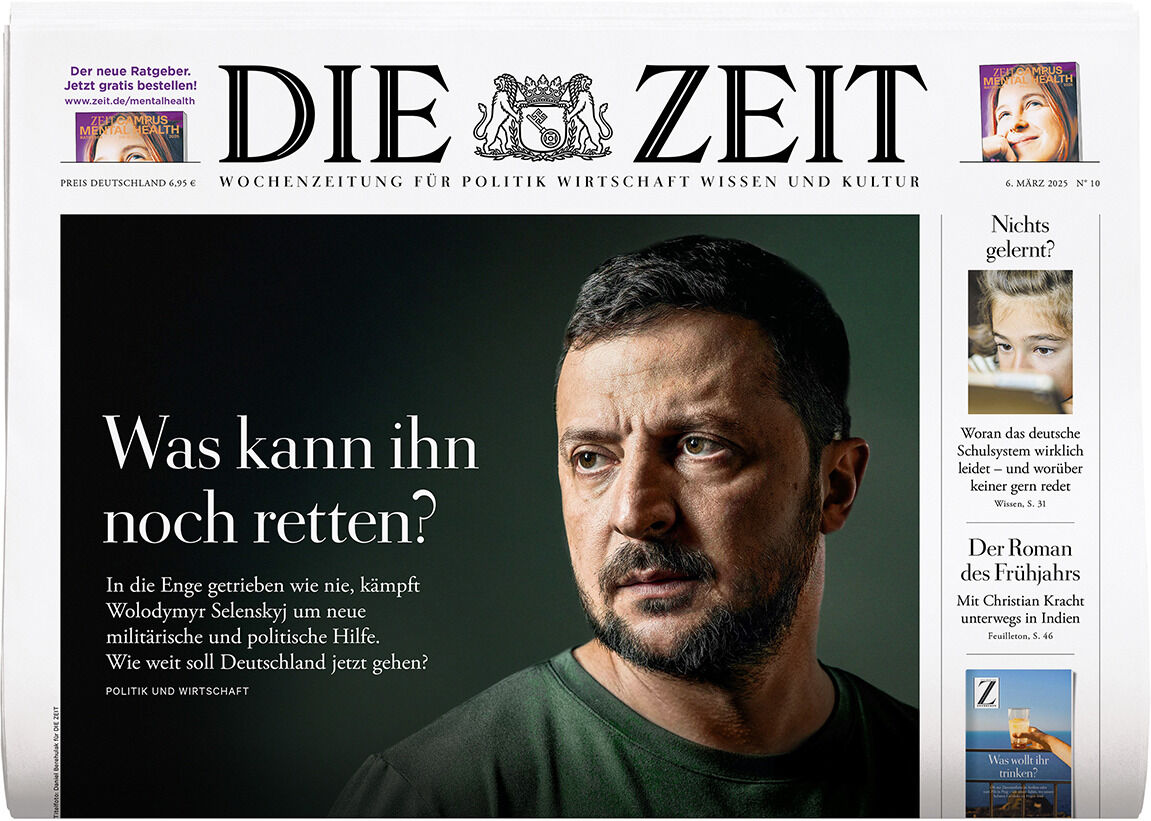 Cover der Wochenzeitung DIE ZEIT 10/2025 mit dem Titel 'Was kann ihn noch retten?' und einem Foto eines nachdenklichen Mannes. Der obere Bereich zeigt den Zeitungstitel mit einem detaillierten Wappen. Auf der rechten Seite ist ein Artikel über Möglichkeiten des Neuanfangs und eine Rubrik über aktuelle Literaturtrends zu sehen.