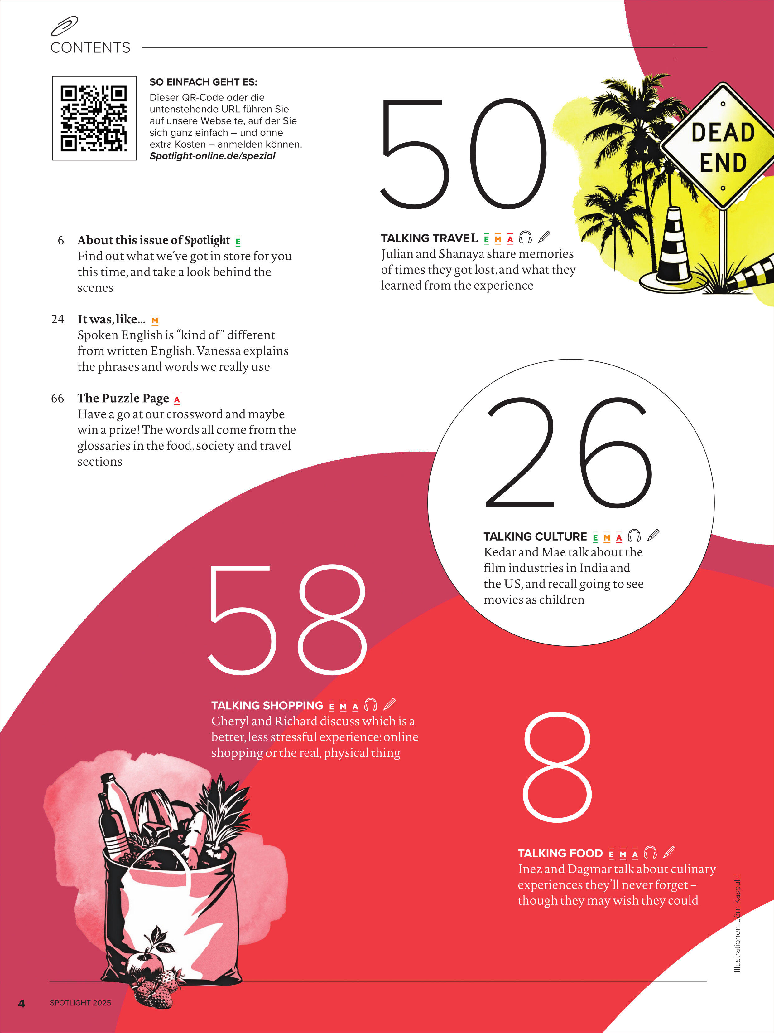 Titelseite und Inhaltsübersicht des Spotlight Magazin 12/2025 Sonderausgabe mit grafischen Elementen und verschiedenen Themen wie Reisen, Kultur, Einkaufen und Essen. Die Seite zeigt große Zahlen, Illustrationen (z.B. ein Schild und eine Einkaufstasche mit Lebensmitteln) sowie Stichpunkte zu den jeweiligen Magazinartikeln. Farbgestaltung überwiegend weiß, rot, gelb und schwarz.