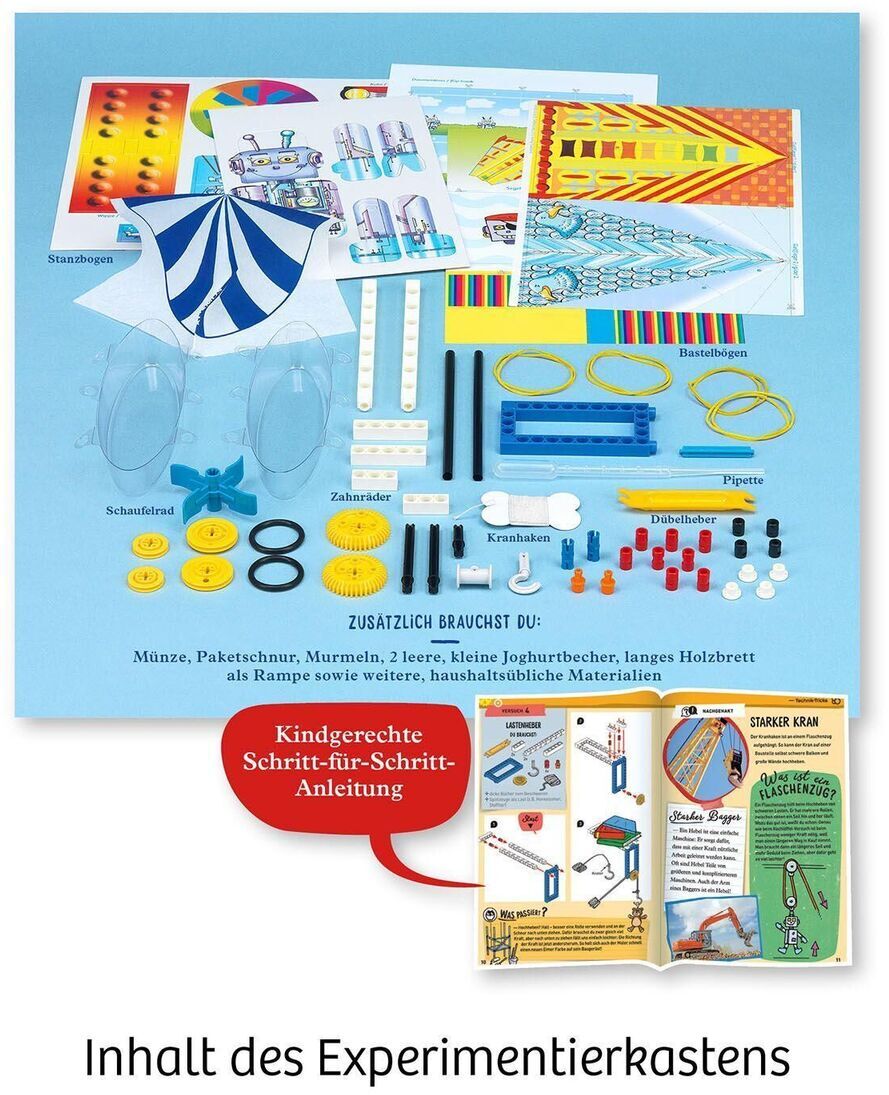 Ein farbenfroher Experimentierkasten für Kinder mit verschiedenen Komponenten und einer Schritt-für-Schritt-Anleitung. Geeignet für kreatives Lernen und Technikprojekte.