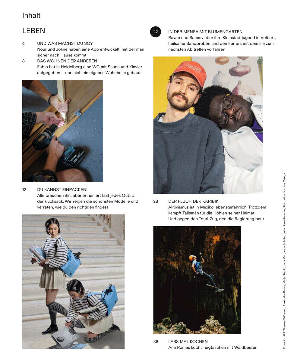 Inhalt der ZEIT Campus 2/25 Ausgabe, inklusive Bilder von Studenten und Themen zu Bildung und Campusleben. Verschiedene Artikel sind auf weißem Hintergrund präsentiert.