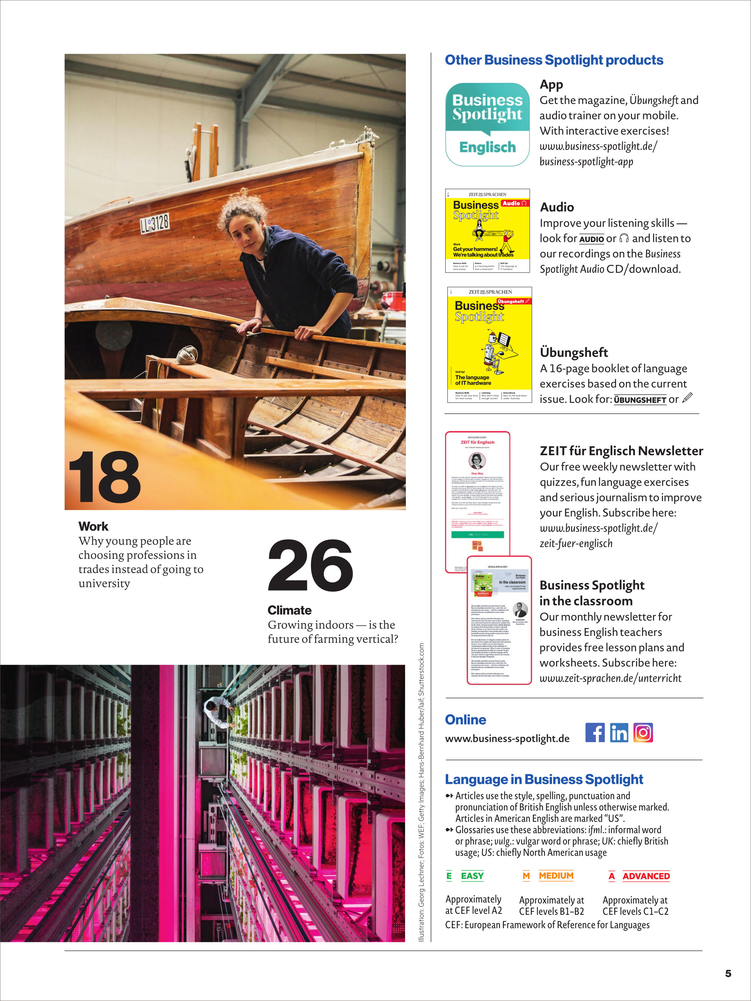 Das Cover des Business Spotlight Magazins 7/2025 zeigt einen jungen Menschen, der an einem Holzboot arbeitet, sowie eine industrielle Szene mit vertikalen Pflanzen unter pinker Beleuchtung. Der Fokus liegt auf den Themen Arbeit und Klima. Auf der rechten Seite sind weitere Produkte und Angebote für Englischlernende aufgelistet.