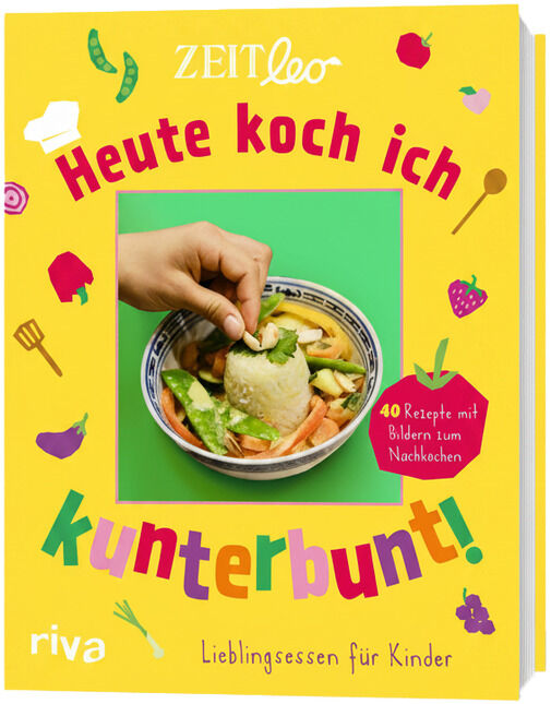 Das Kinderkochbuch »ZEIT LEO – Heute koch ich kunterbunt!« zeigt ein farbenfrohes Cover mit gelbem Hintergrund. Zentral ist ein Foto, auf dem eine Kinderhand einen gefüllten Wrap hält. Bunte Illustrationen und der Titel sind verspielt gestaltet, riva Verlag unten links.