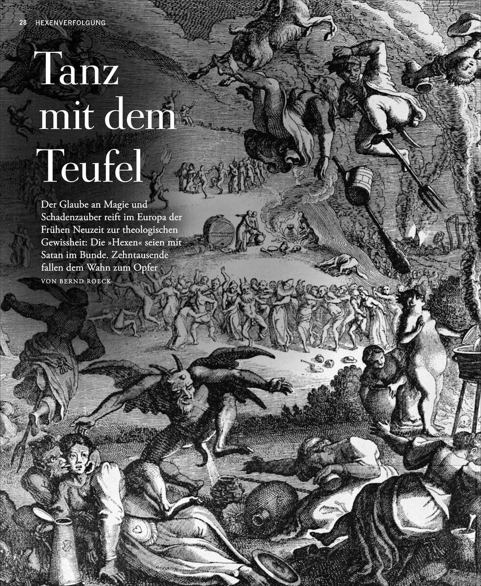 Ein historisches schwarz-weißes Bild zeigt Menschen, die mit dem Teufel und Hexen tanzen. Der Text auf dem Bild lautet 'Tanz mit dem Teufel', gefolgt von einer Beschreibung über Magie und Hexenverfolgung in der Frühen Neuzeit.