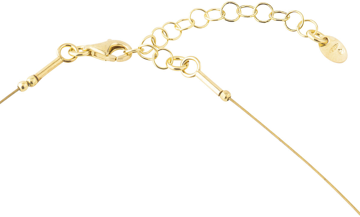 Bernsteincollier »Sinope« mit vier runden, polierten Bernsteinen und goldfarbenen Elementen an einem filigranen, dünnen Halsreif, vor weißem Hintergrund.