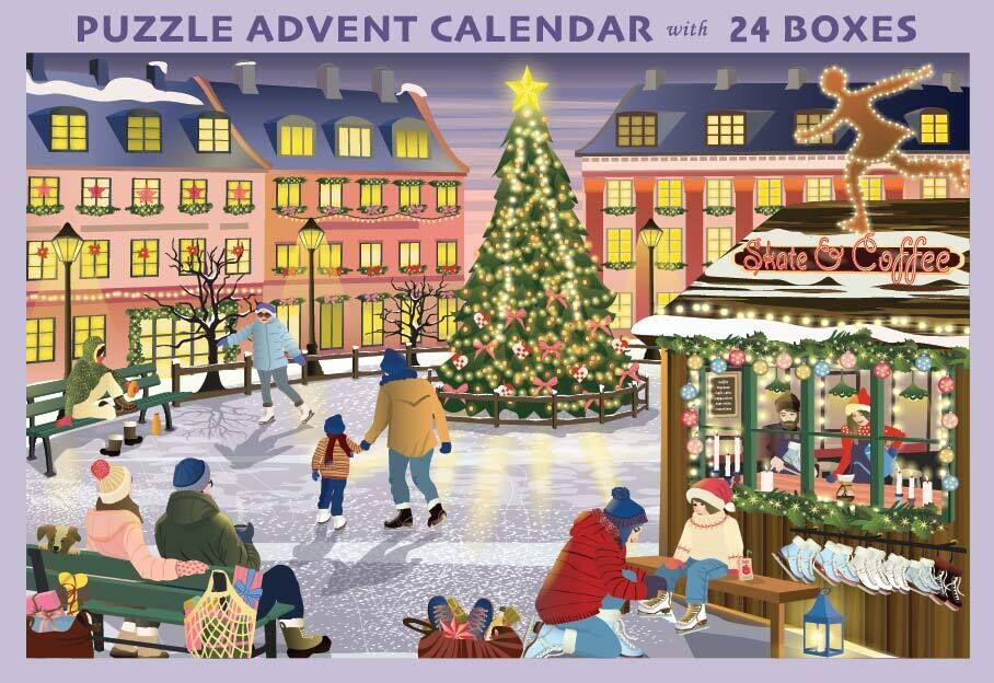 Illustration eines weihnachtlichen Platzes mit großem Tannenbaum, geschmückter Eislaufbahn, Kindern und Erwachsenen beim Schlittschuhlaufen, Caféstube „Skate & Coffee“, zahlreichen kleinen Lichtern und dekorierten Häusern im Hintergrund. Im Vordergrund sitzen und spielen Familien.