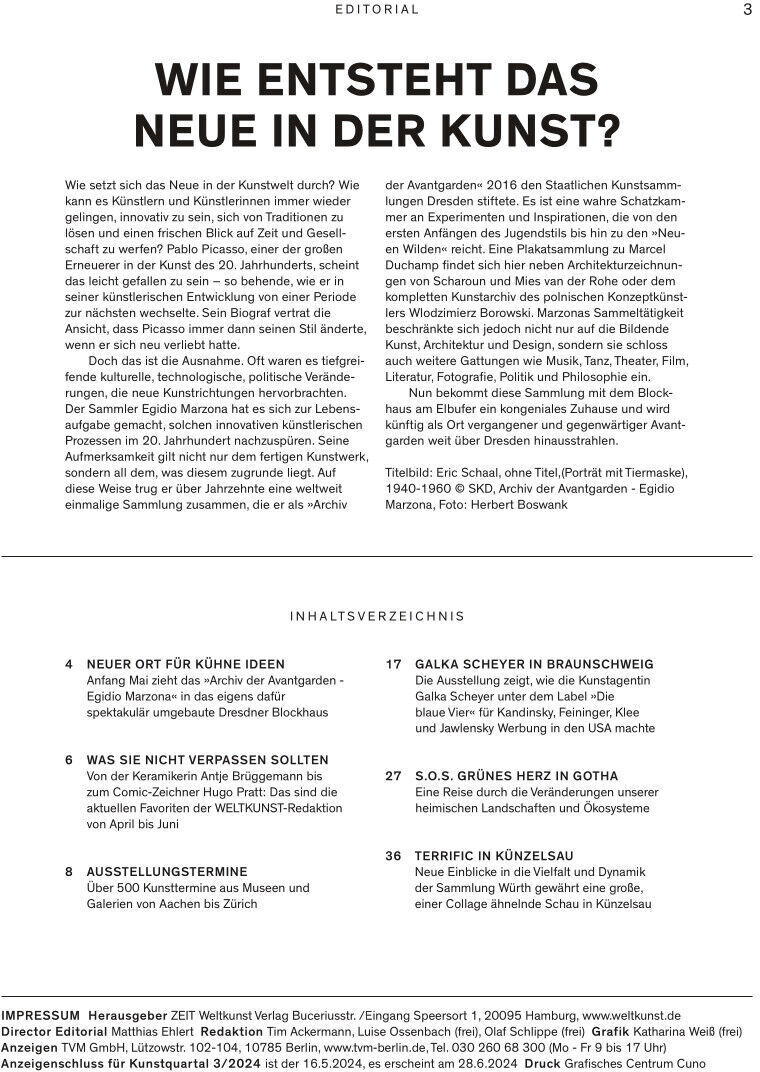 Seite aus einem Kunstmagazin namens 'WELTKUNST 225/24', das sich mit der Kunst und den Visionen von Walton Ford beschäftigt. Die Seite enthält Textabschnitte, Überschriften und ein Inhaltsverzeichnis.