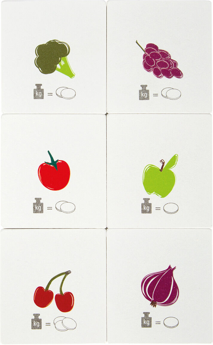 Sechs weiße Quadrate mit Illustrationen von Gemüse und Obst, darunter Brokkoli, Trauben, Apfel, Paprika, Kirschen und Zwiebel sowie Gewichtssymbole.