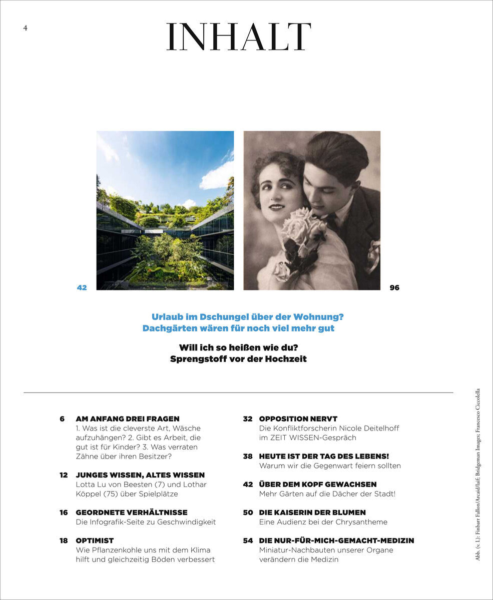 Titelseite des Magazins ZEIT WISSEN 5/23. In der Mitte befindet sich ein Bild über Dachgärten, unten eine Liste von Artikeln und deren Seitenzahlen.