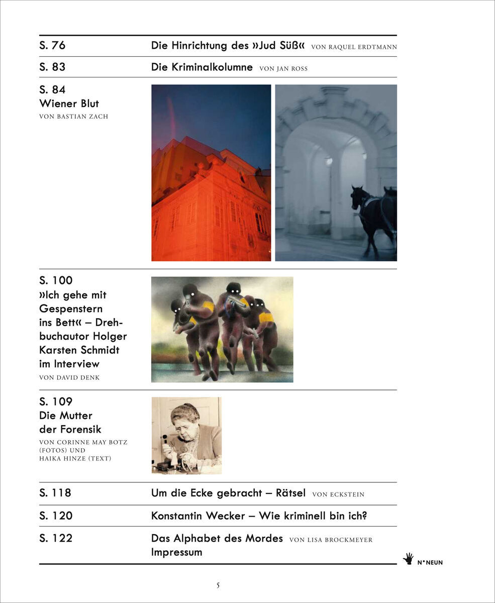 Das Bild zeigt eine Seite aus dem Magazin 'ZEIT VERBRECHEN 9/21' mit mehreren Artikeln und Bildern. Die Artikel befassen sich mit verschiedenen Kriminalgeschichten und Analysen von Verbrechen. Auf der Seite sind Schwarz-Weiß-Fotos und farbige Bilder zu sehen, begleitet von Text und Überschriften in deutscher Sprache.