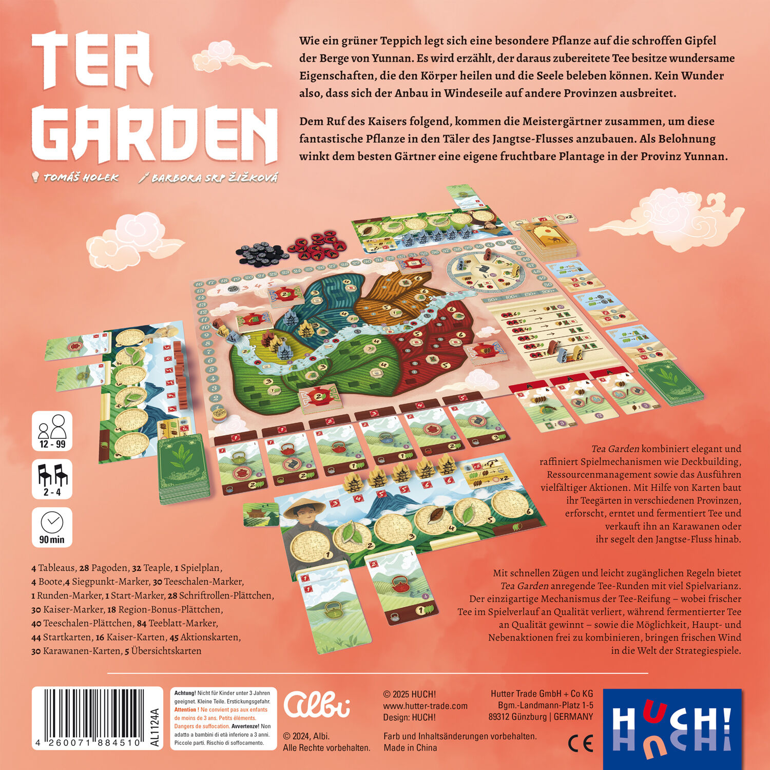 Rückseite der Brettspielschachtel Tea Garden mit bebilderter Spielübersicht, illustrierten Spielmaterialien und einer kurzen Inhaltsbeschreibung; mehrere Karten, Plättchen und ein Spielplan mit asiatischem Gartenmotiv sind zu sehen. Die Box richtet sich an Familien und Brettspielfans.