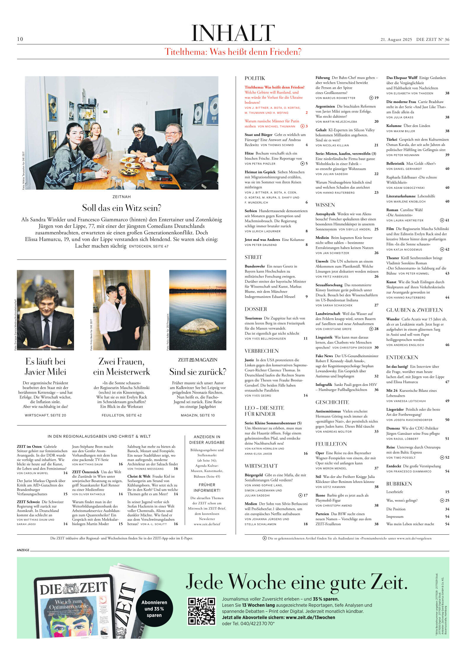 Das Bild zeigt die Titelseite einer Ausgabe der deutschen Wochenzeitung DIE ZEIT mit einem Inhaltsverzeichnis, mehreren Fotos von Redaktionsmitgliedern und Artikeln, sowie einer deutlich strukturierten, mehrspaltigen Seitenaufteilung. Die Farbgebung ist überwiegend weiß mit schwarzen und grauen Texten und wenigen farbigen Akzenten.