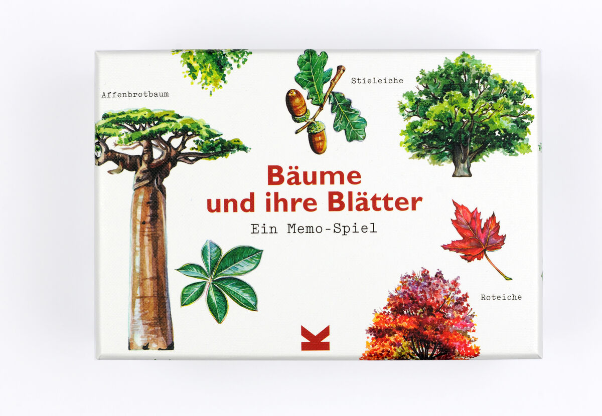 Eine Schachtel des Memo-Spiels »Bäume und ihre Blätter«. Die Schachtel zeigt farbenfrohe Illustrationen von verschiedenen Bäumen und Blättern, darunter ein Affenbrotbaum, eine Steineiche und ein Roteicheblatt. Der Titel des Spiels ist in roten Buchstaben geschrieben.