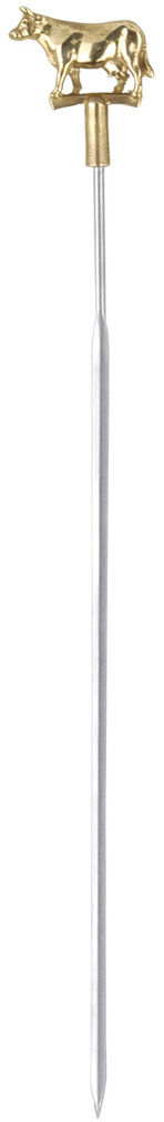 Ein Grillspieß-Set aus Edelstahl, das aus einem langen Metallstab mit einer goldenen Kuhfigur an der Spitze besteht. Der Spieß ist ideal für Grillen und Outdoor-Camping.