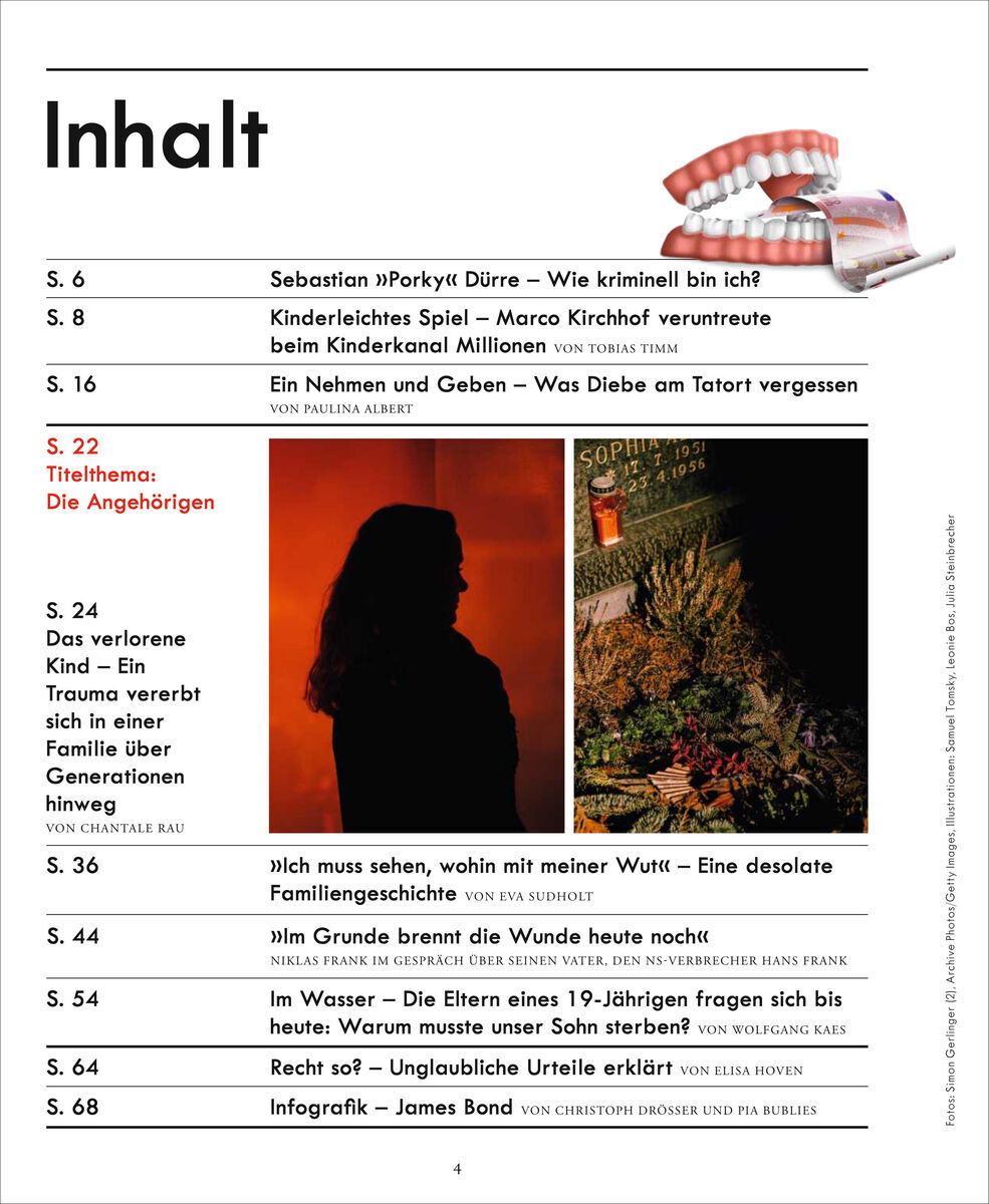 Cover der Zeitschrift ZEIT VERBRECHEN 20/23 mit Inhaltsverzeichnis. Überschriften wie 'Sebastian »Porky« Dürre', 'Ein Nehmen und Geben', 'Das verlorene Kind' und 'Im Wasser'. Farben im Hintergrund sind Weiß und Schwarz mit roten, blauen, grünen und gelben Akzenten.