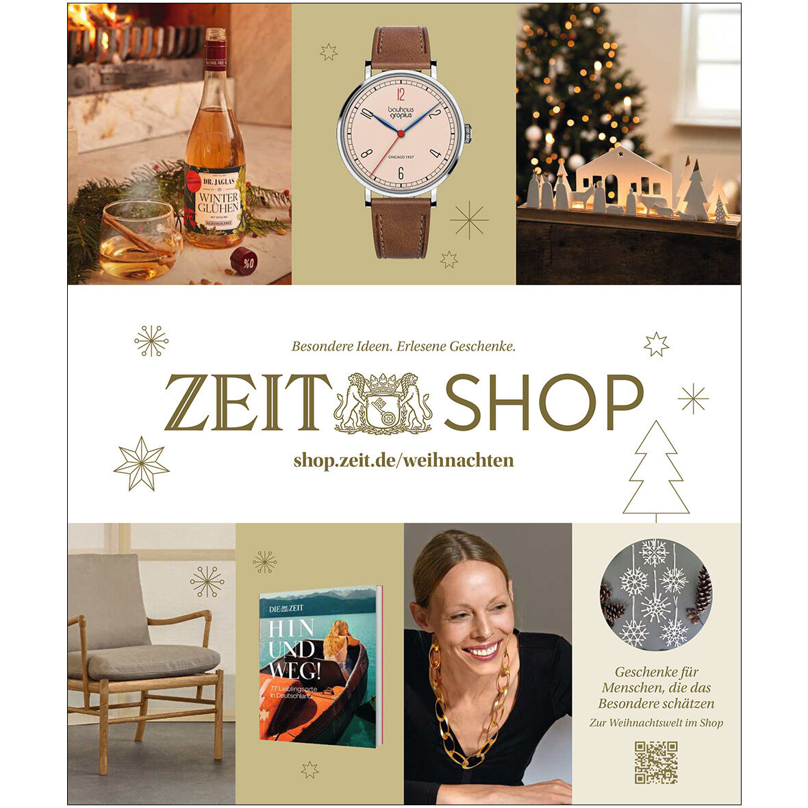 Werbeanzeige für den ZEIT Shop-Weihnachtskatalog mit stimmungsvollen Bildern: eine Flasche Winterlikör und Glas, eine elegante Uhr, eine festliche Lichter-Dekoration, ein gemütlicher Sessel, ein Buchcover, eine lachende Frau mit Schmuck sowie ein Schneeflockenmotiv. Im Zentrum Logo, Schrift und weihnachtliche Symbole.