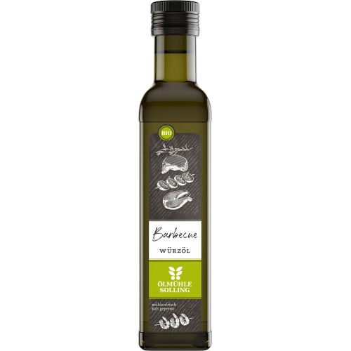 Flasche Bio-Würzöl mit Grillmotiv und Etikett 'Barbecue Würzöl', präsentiert als Teil des Sets 'Grillmeisters Lieblinge', geeignet zum Verfeinern von Speisen beim Grillen oder Kochen.