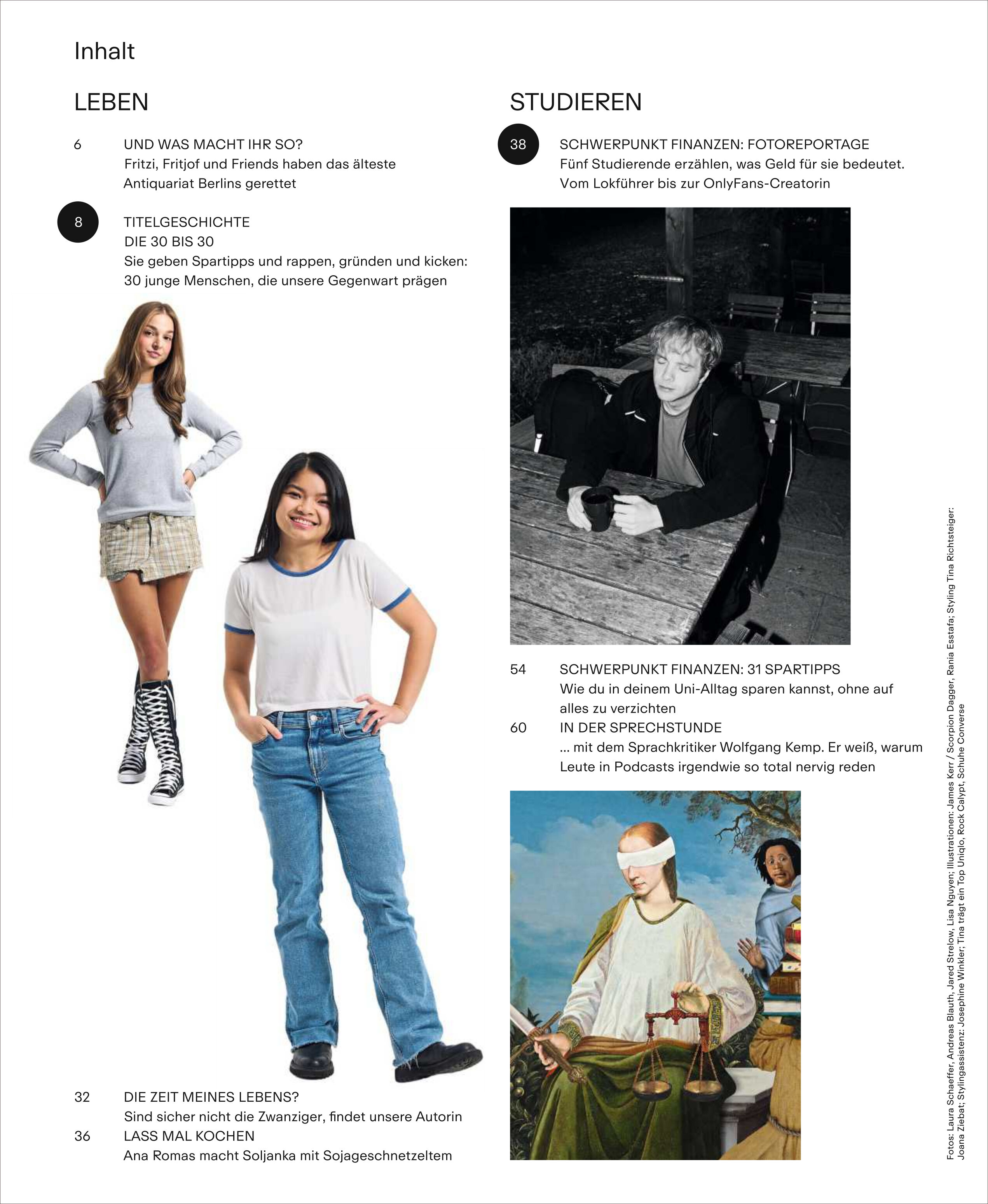 Detaillierte Abbildung einer Magazin-Inhaltsseite: Links oben der Abschnitt 'LEBEN' mit Text, darunter Fotos von drei jungen Frauen in moderner Kleidung, stehend und posierend. Rechts die Rubrik 'STUDIEREN' mit Inhaltsangaben, schwarzweißen und farbigen Porträtfotos von Studierenden und einer künstlerischen Szene am unteren Rand. Weißer Hintergrund, klare Struktur.