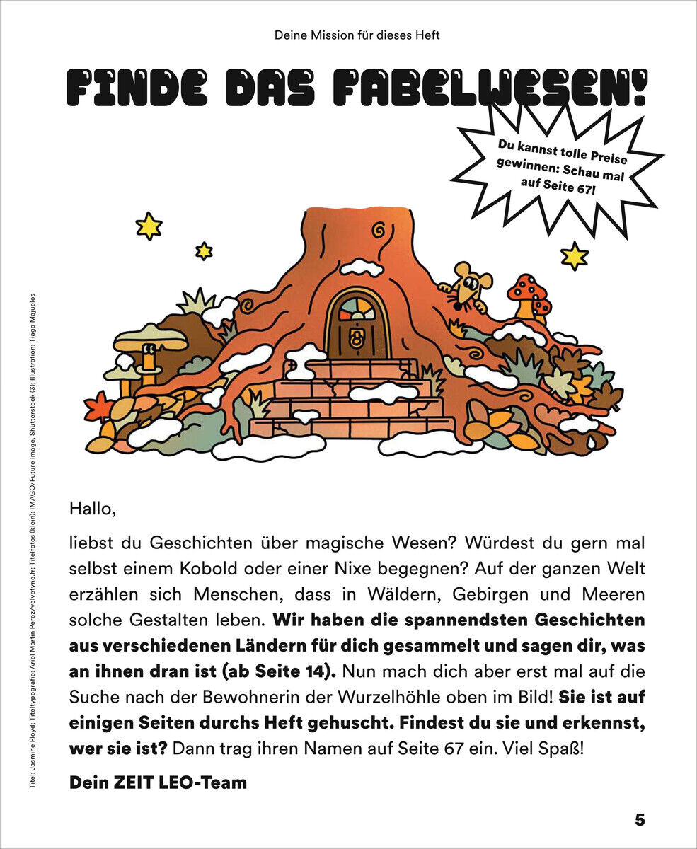 Ein Auszug aus der Kinderzeitschrift ZEIT LEO mit dem Titel "Finde das Fabelwesen!". Eine Illustration zeigt einen großen Baum mit einer Höhle, die von magischen Kreaturen bewohnt wird. Der Text lädt die jungen Leser ein, mehr über fabelhafte Geschichten aus verschiedenen Ländern zu entdecken.