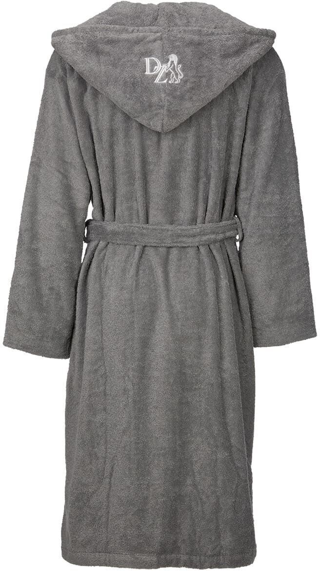 Ein grauer Bademantel von ZEIT, gesehen von hinten. Der Mantel hat eine Kapuze und einen Gürtel an der Taille. Der Stoff sieht flauschig und komfortabel aus, ideal für Wellness und Entspannung.